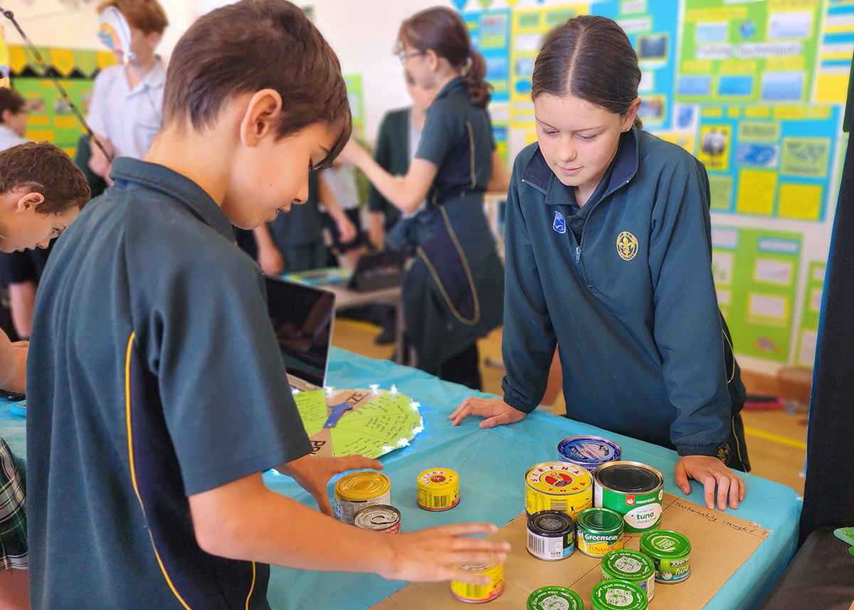 Mercedes College students examining tuna cans as part of a sustainability expo presentation.